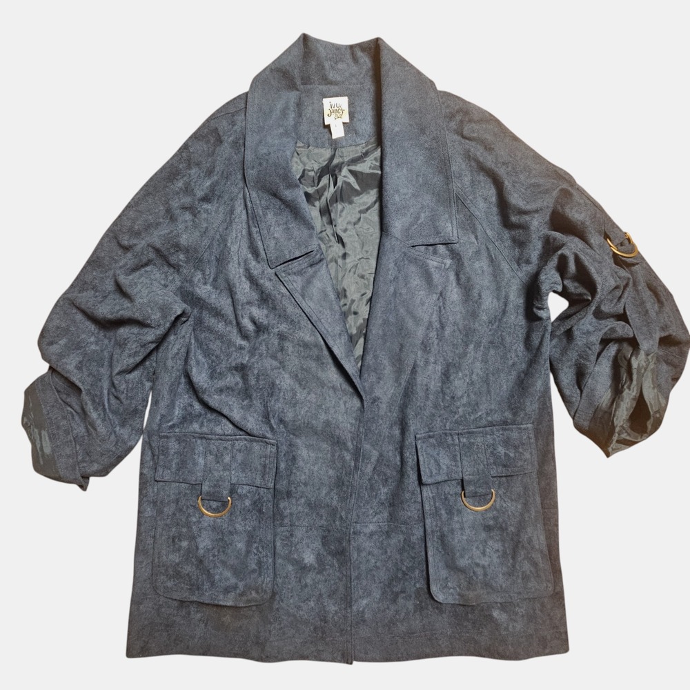 Ivy‎ Jane Faux Suede Open Front Blazer Jacket L Metal Detail Pocket Western Boho